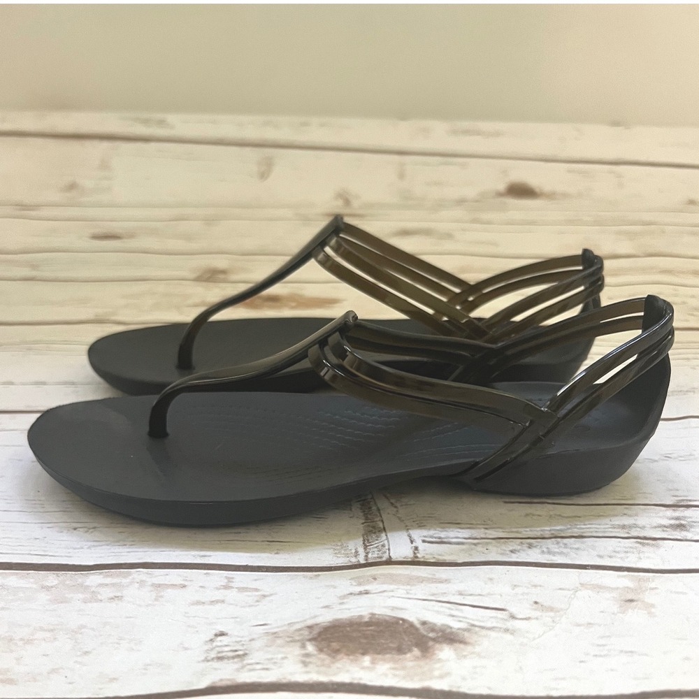 Crocs Isabella Strappy Sandal Black T-Strap Slingback Jelly Flat W5